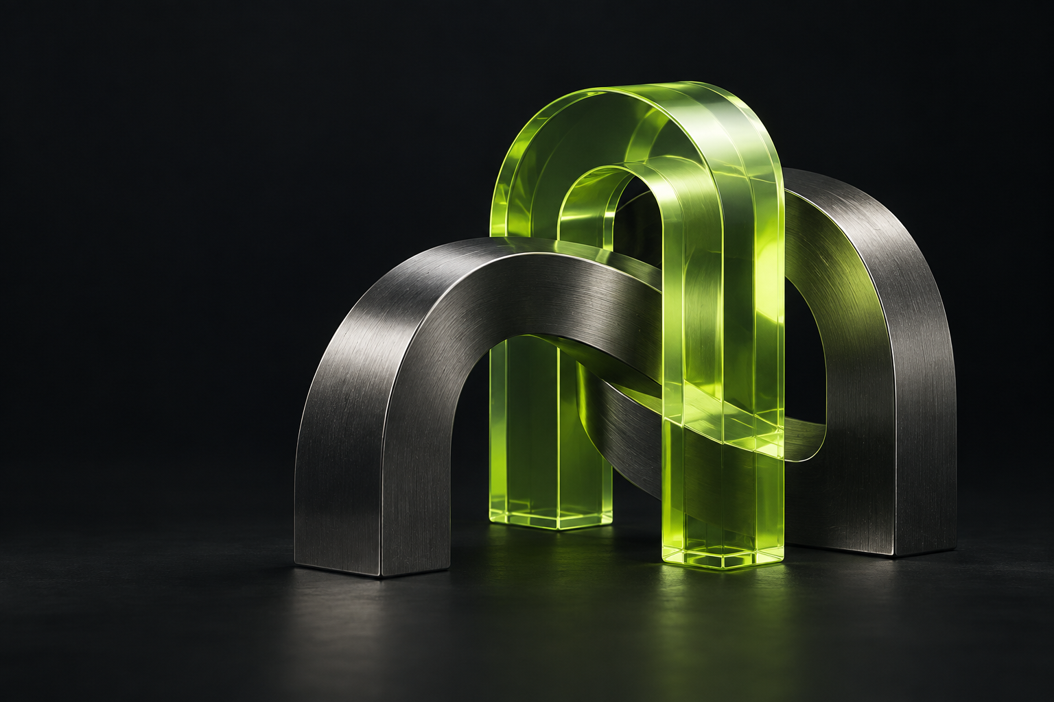 Three connected architectural forms in lime glass and graphite metal